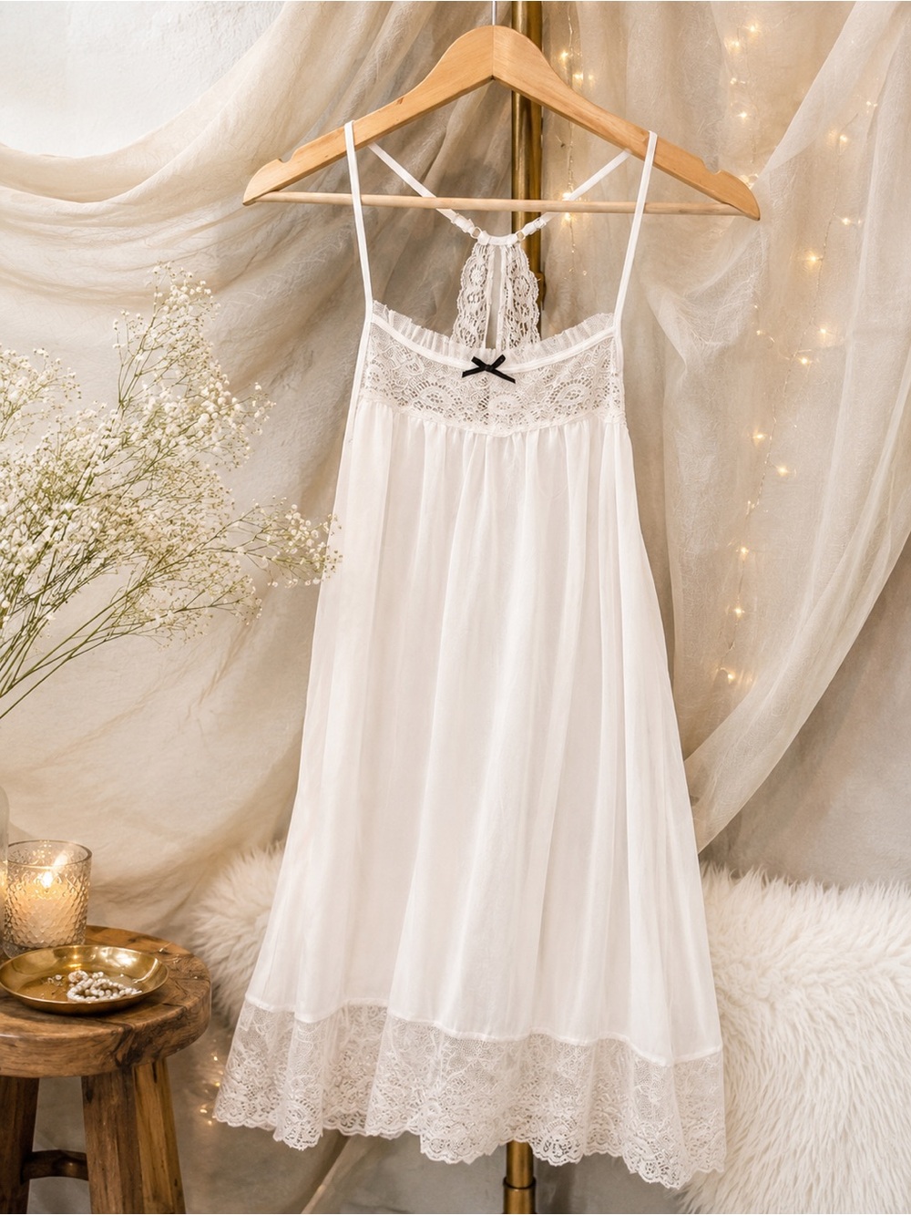 Simply Vera Vera Wang White Lace-Trim Sleep Chemise with Black Bow